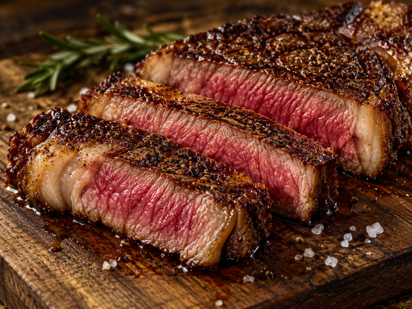 Aufgeschnittenes Steak mit Kräutern und Salz auf einem Holzbrett
